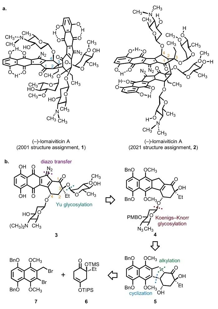 目標(biāo)分子(-)-lomaiviticin A修訂前后的分子結(jié)構(gòu)及單體的逆合成分析